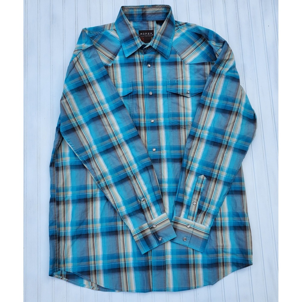 Roper Mens Shirt Size Large Plaid Pearl Snap Western Rodeo Pockets Blue Brown‎